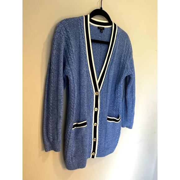 Talbots Cable Knit Cardigan - Tipped Cotton Blend Blue Tenniscore sz. Mp - Picture 5 of 8